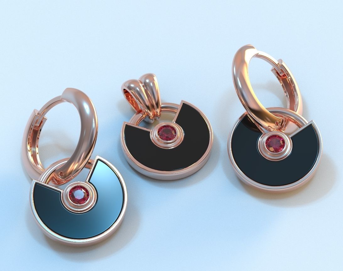 Set of stylish earrings and a pendant round with a stone 473 3D print model_8