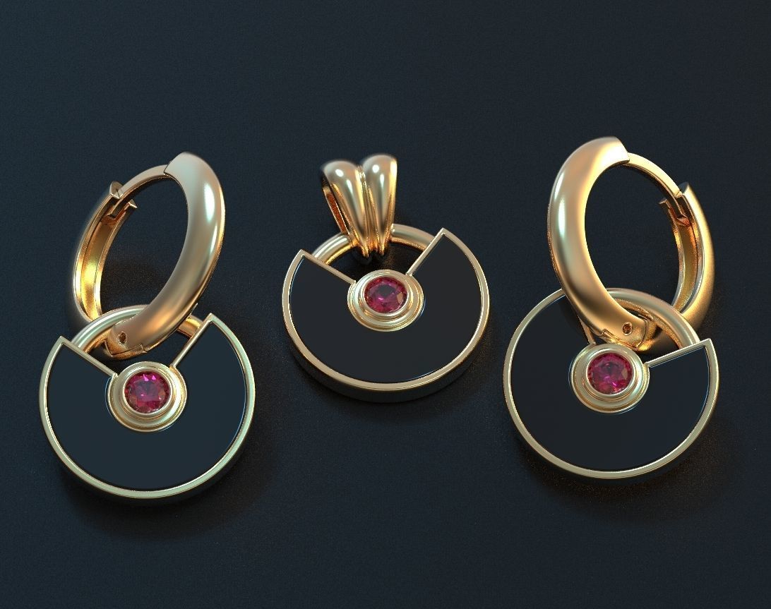 Set of stylish earrings and a pendant round with a stone 473 3D print model_9