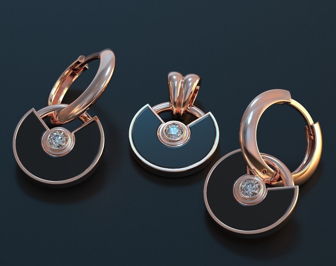 Set of stylish earrings and a pendant round with a stone 473 3D print model_12