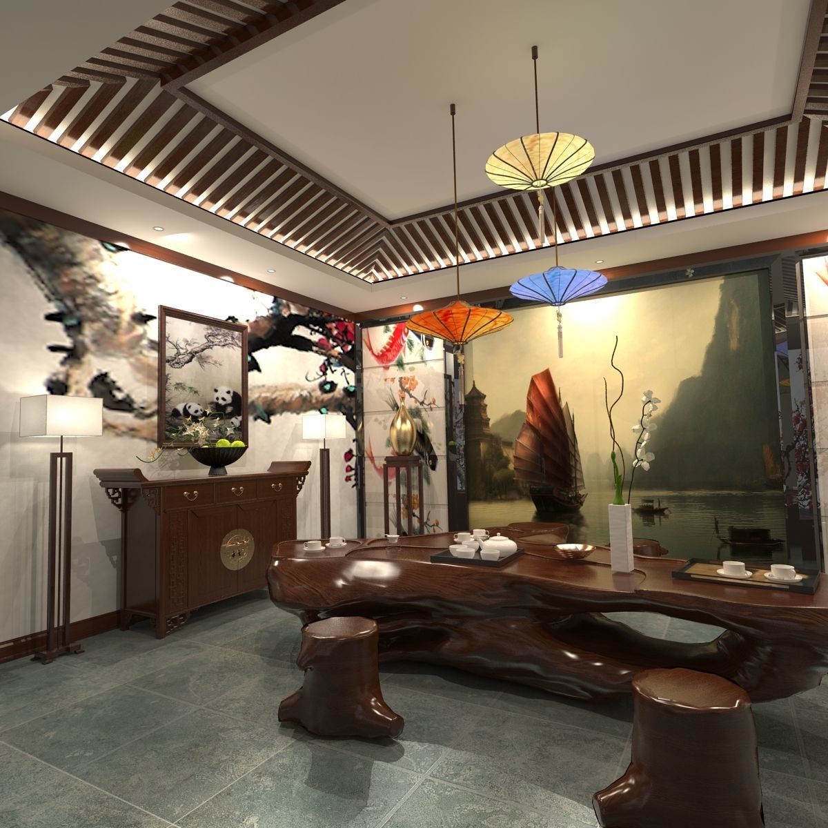 Chinese Red Lantern room 3D model_4