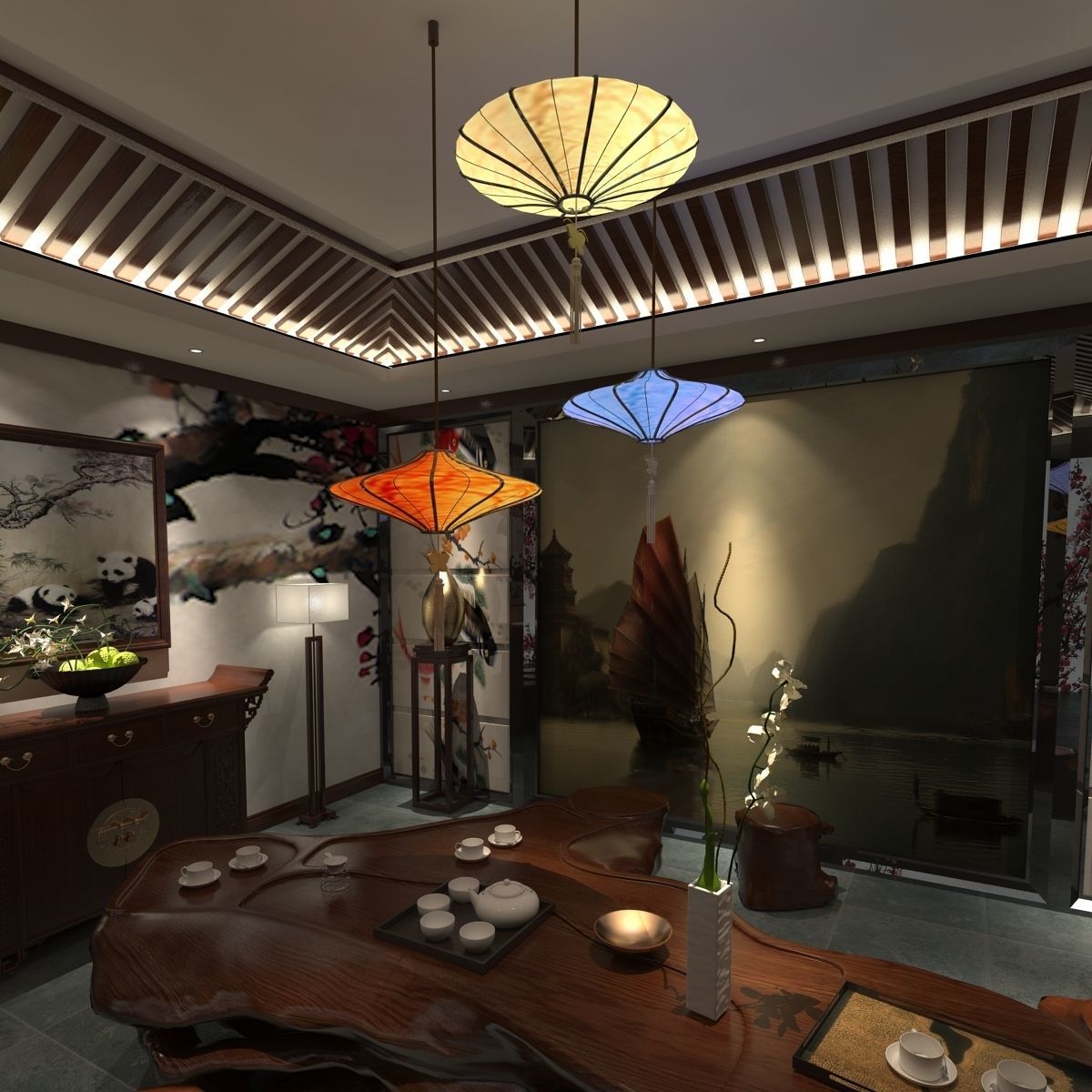 Chinese Red Lantern room 3D model_1