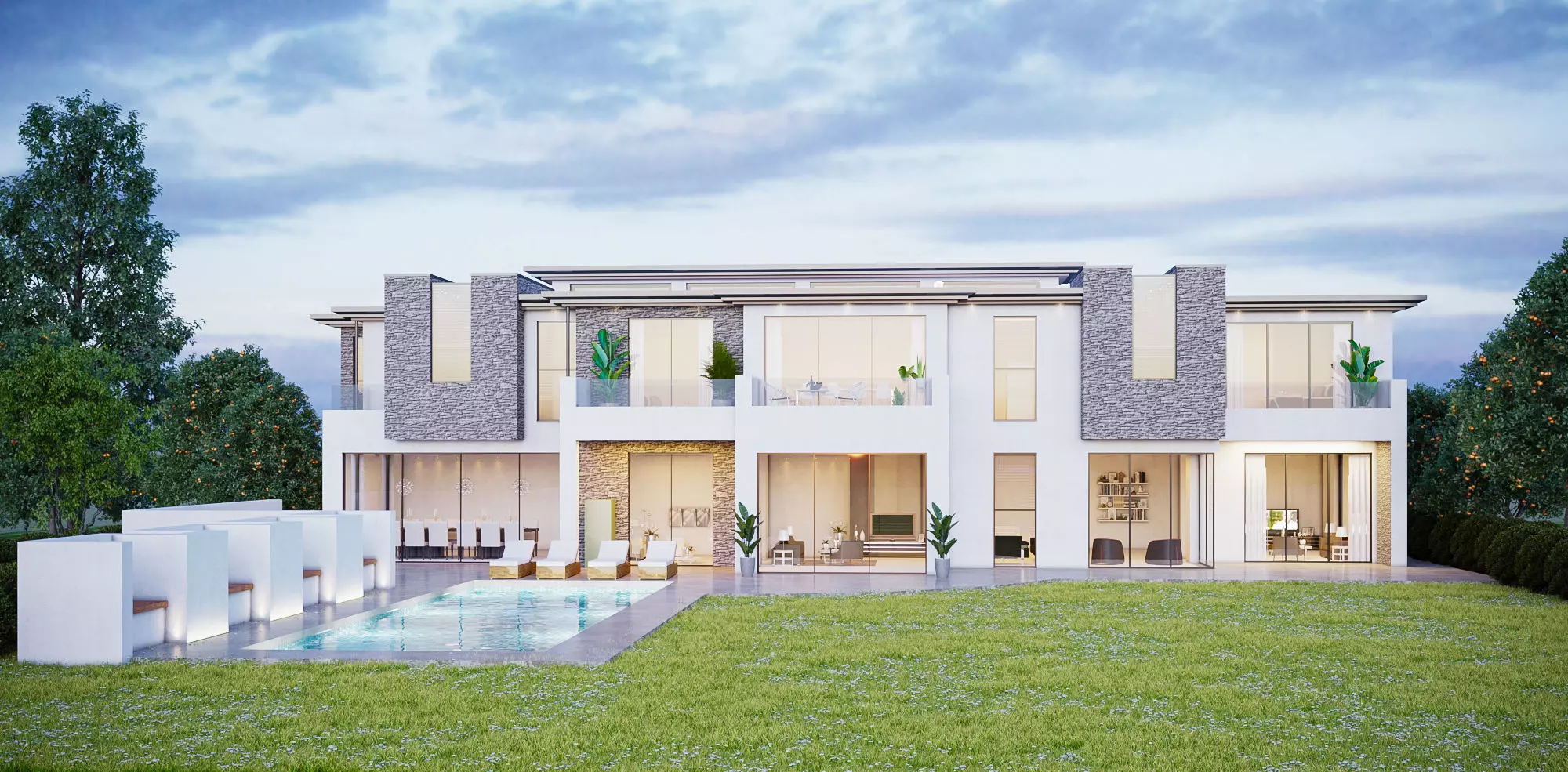 House with pool 3 in 1 day cloudy and night 3D model_0