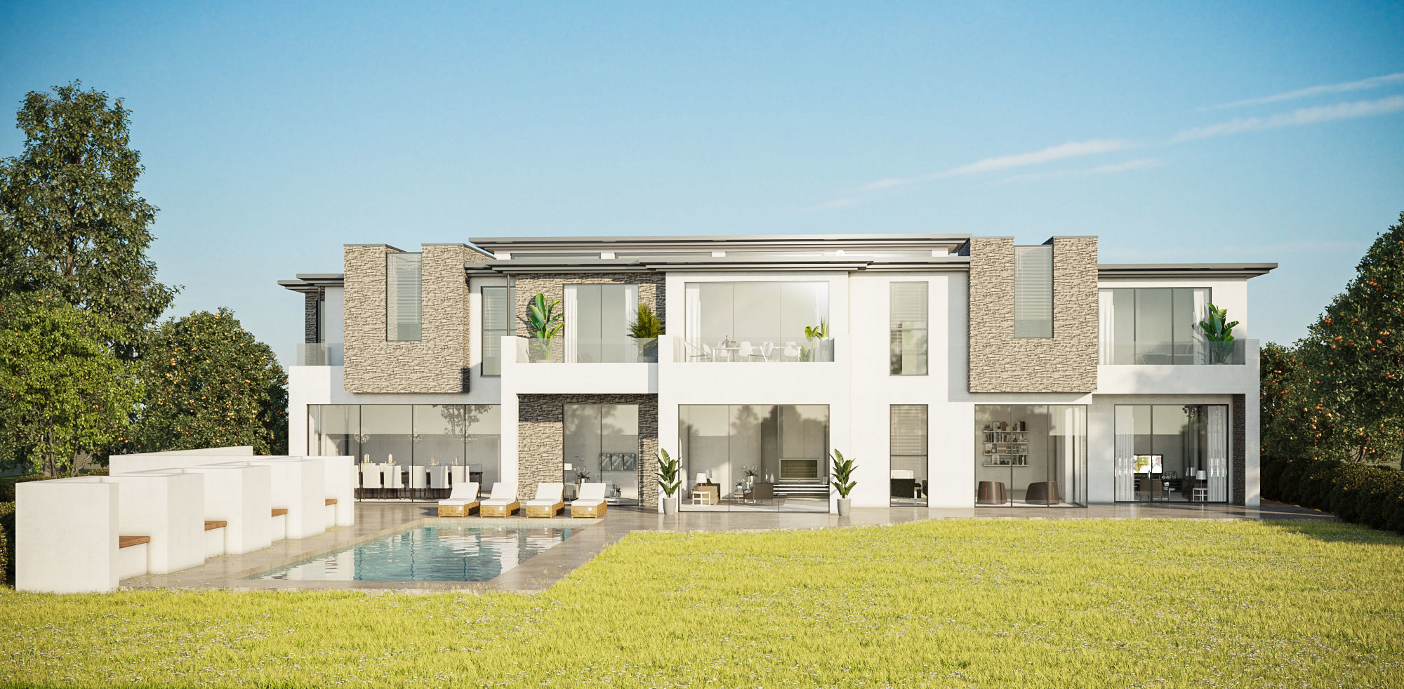 House with pool 3 in 1 day cloudy and night 3D model_1