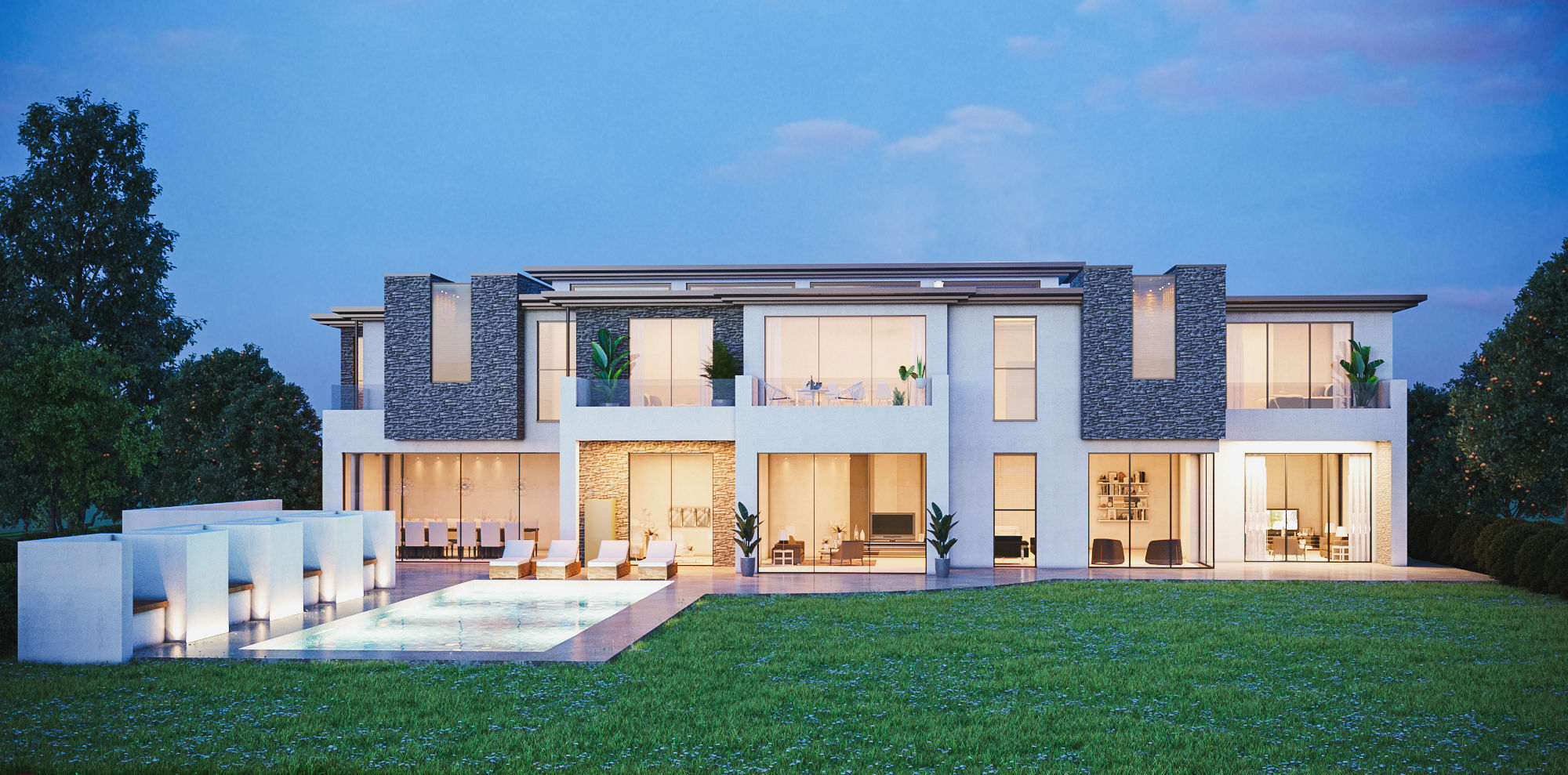 House with pool 3 in 1 day cloudy and night 3D model_2