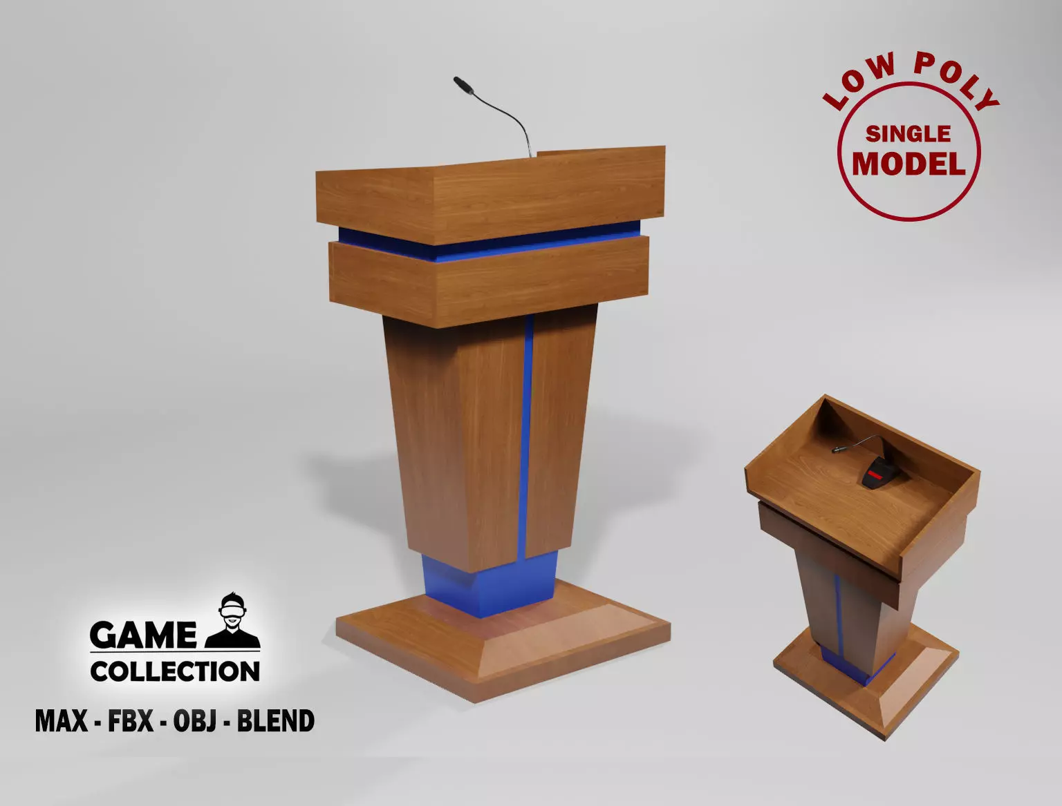 Podium 3 wooden with microphone Low-poly 3D model_0