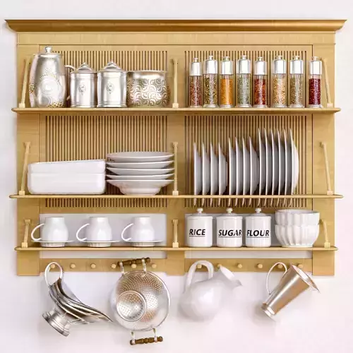 tableaware kitchen shelf with dishes and pots
