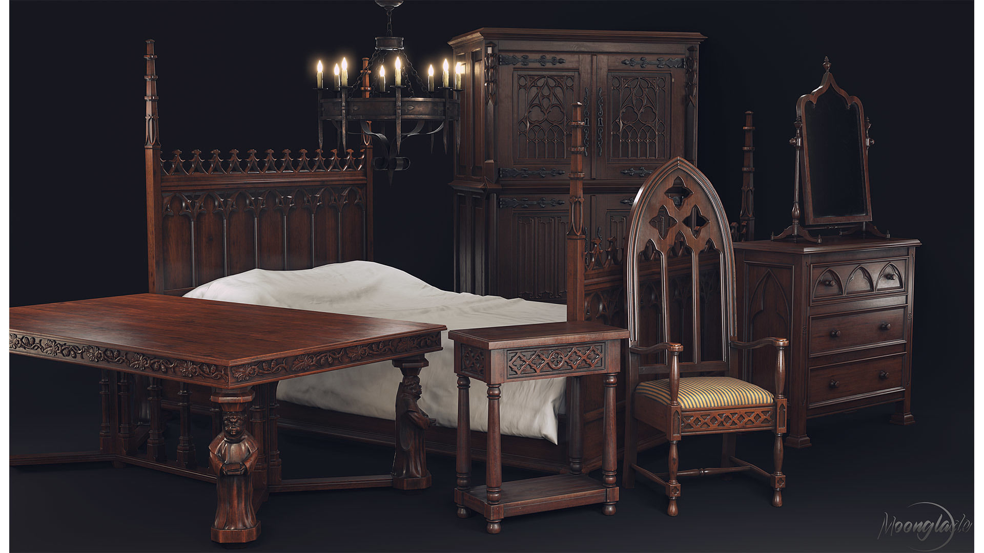 Gothic Furniture Collection Low-poly 3D model_1