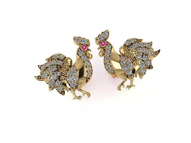 EARRING rooster earrings with diamonds and rubies
