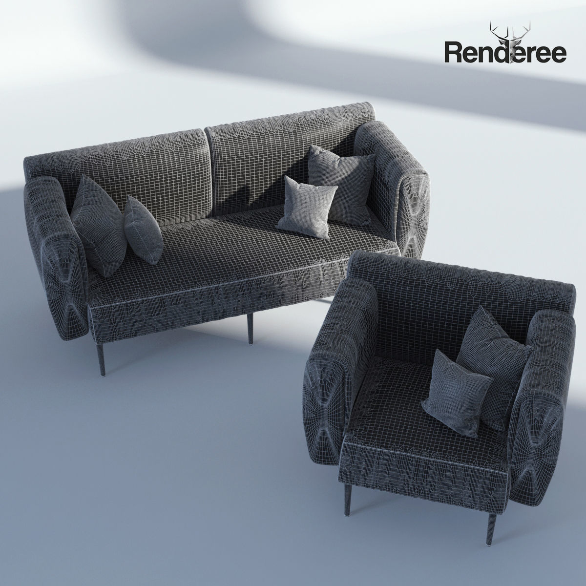 Fabric Sofa Set with Pillows 3D model_7