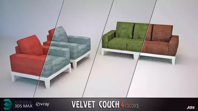 Velvet Couch 4 Color Model  3D model