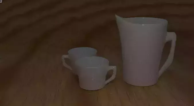 blender three cups and pitcher on wooden table 3D print model