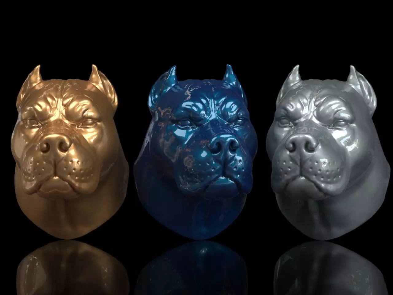 Pitbull three different colored dog heads 3D print model_0