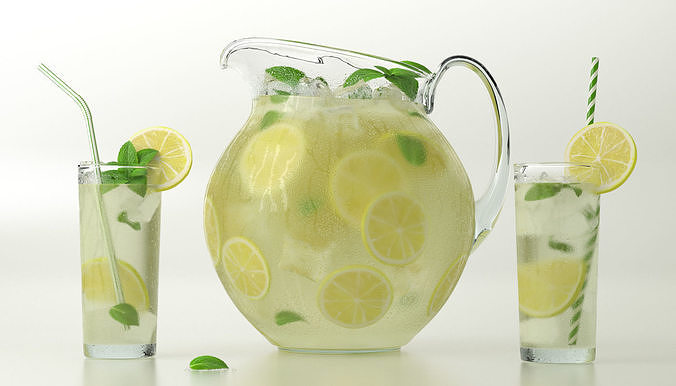 Lemonade Set pitcher of with mint leaves 3D model 2