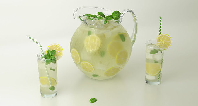 Lemonade Set pitcher of with mint leaves 3D model 3