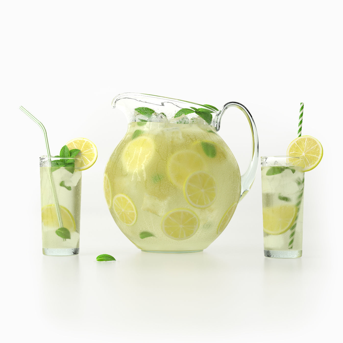 Lemonade Set pitcher of with mint leaves 3D model_0
