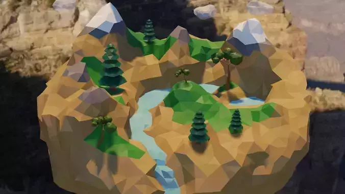 Low Poly World Island with Waterfall and Trees