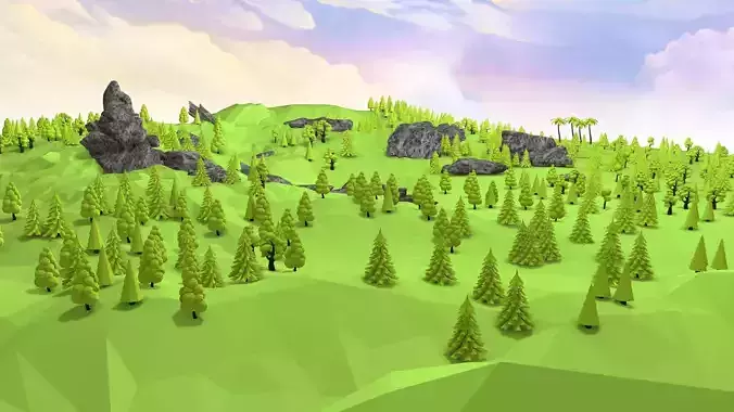 Landscape LowPoly 3D Model with trees and rocks Low-poly 3D model