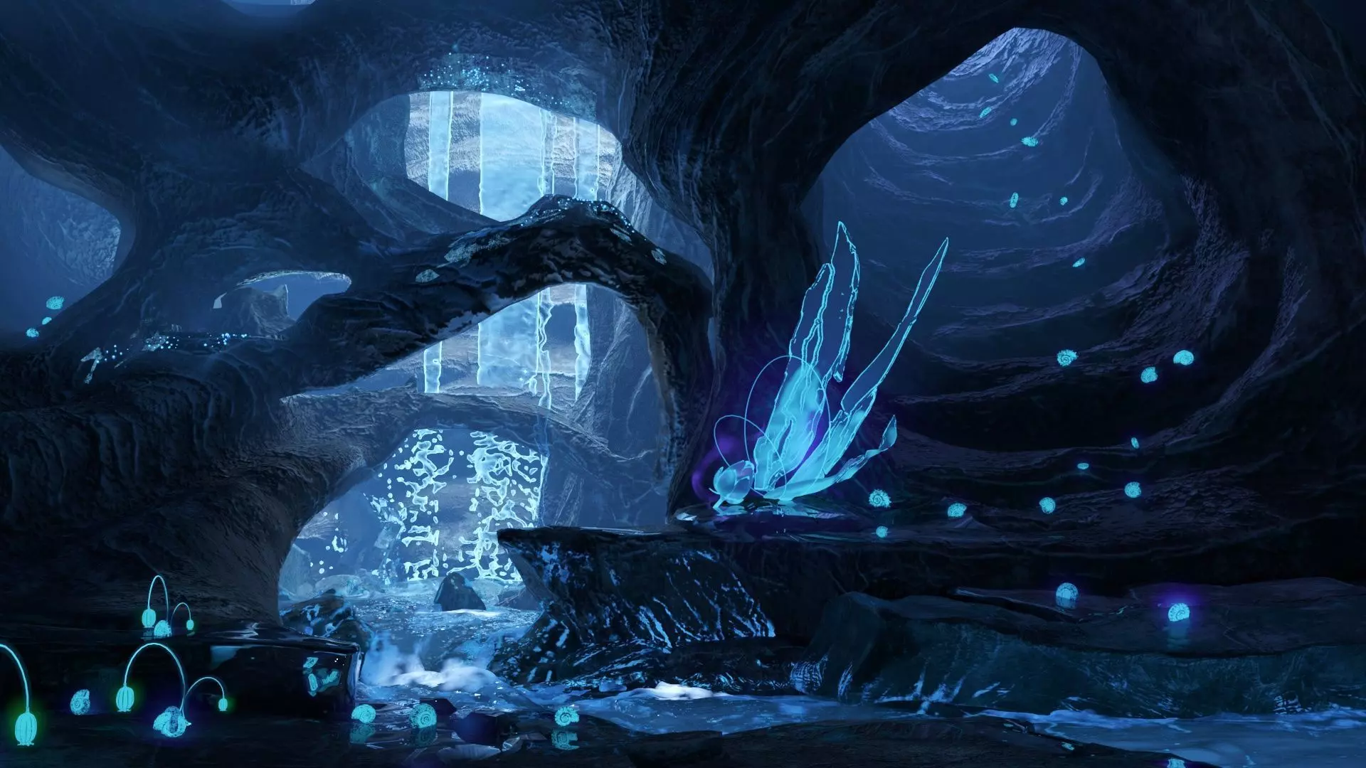 Magic night cave  waterfall energy flower and shells 3D model_0