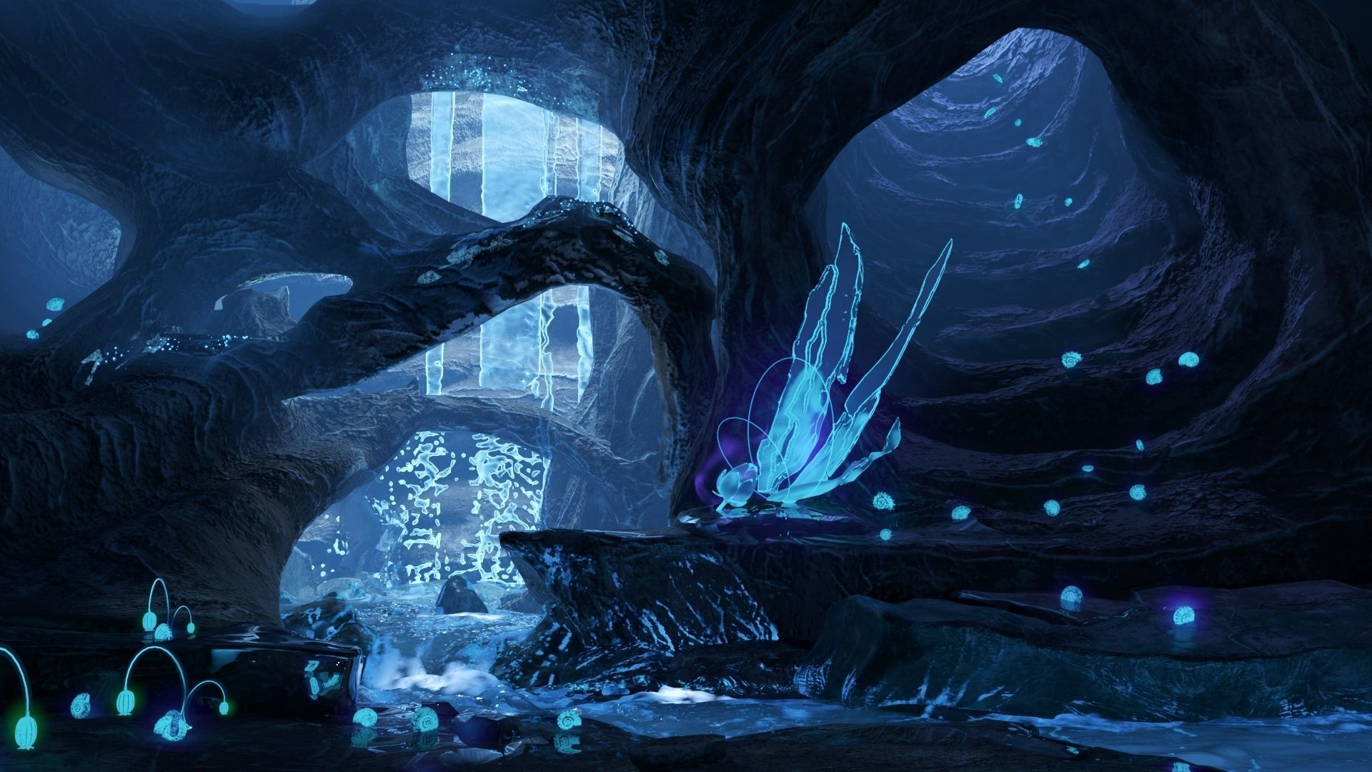 Magic night cave waterfall energy flower and shells
