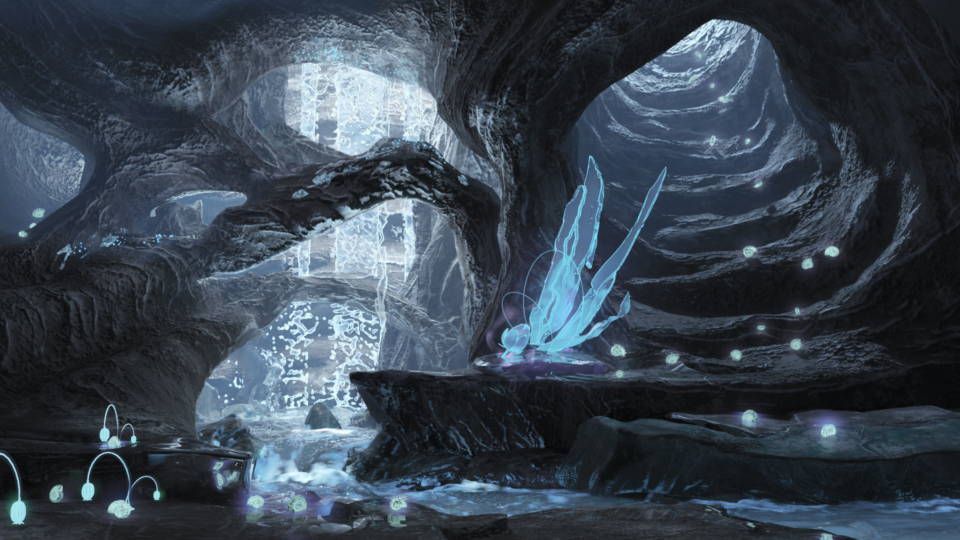 Magic night cave  waterfall energy flower and shells 3D model_2