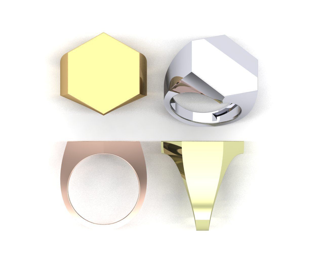 Signet rings set HEXAGON top 3D print model_3