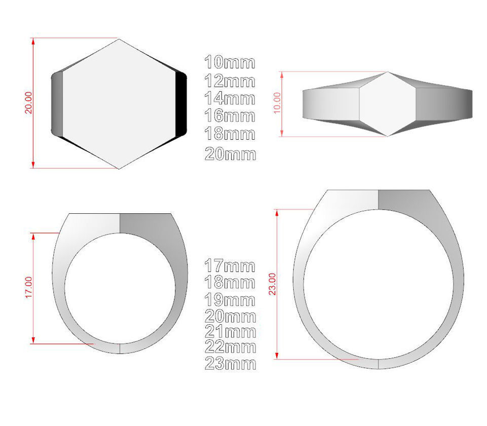 Signet rings set HEXAGON top 3D print model_9