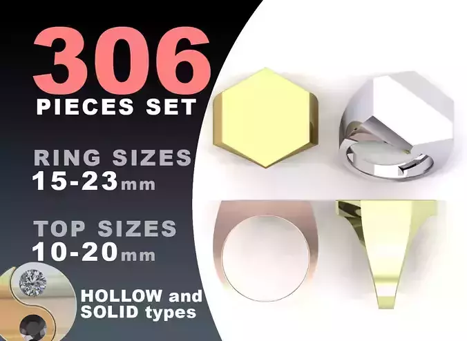 Signet rings set HEXAGON top 3D print model