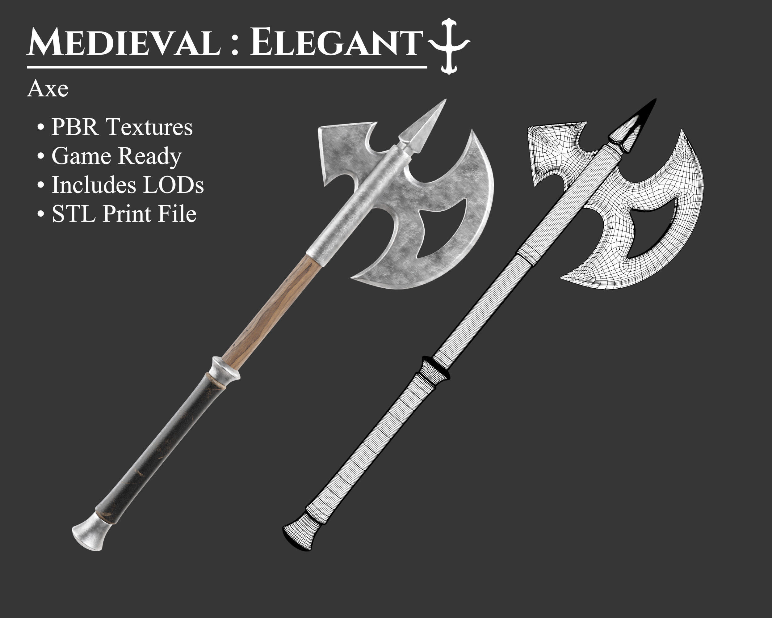 Medieval Elegant Weapon Axe Low-poly 3D model_1