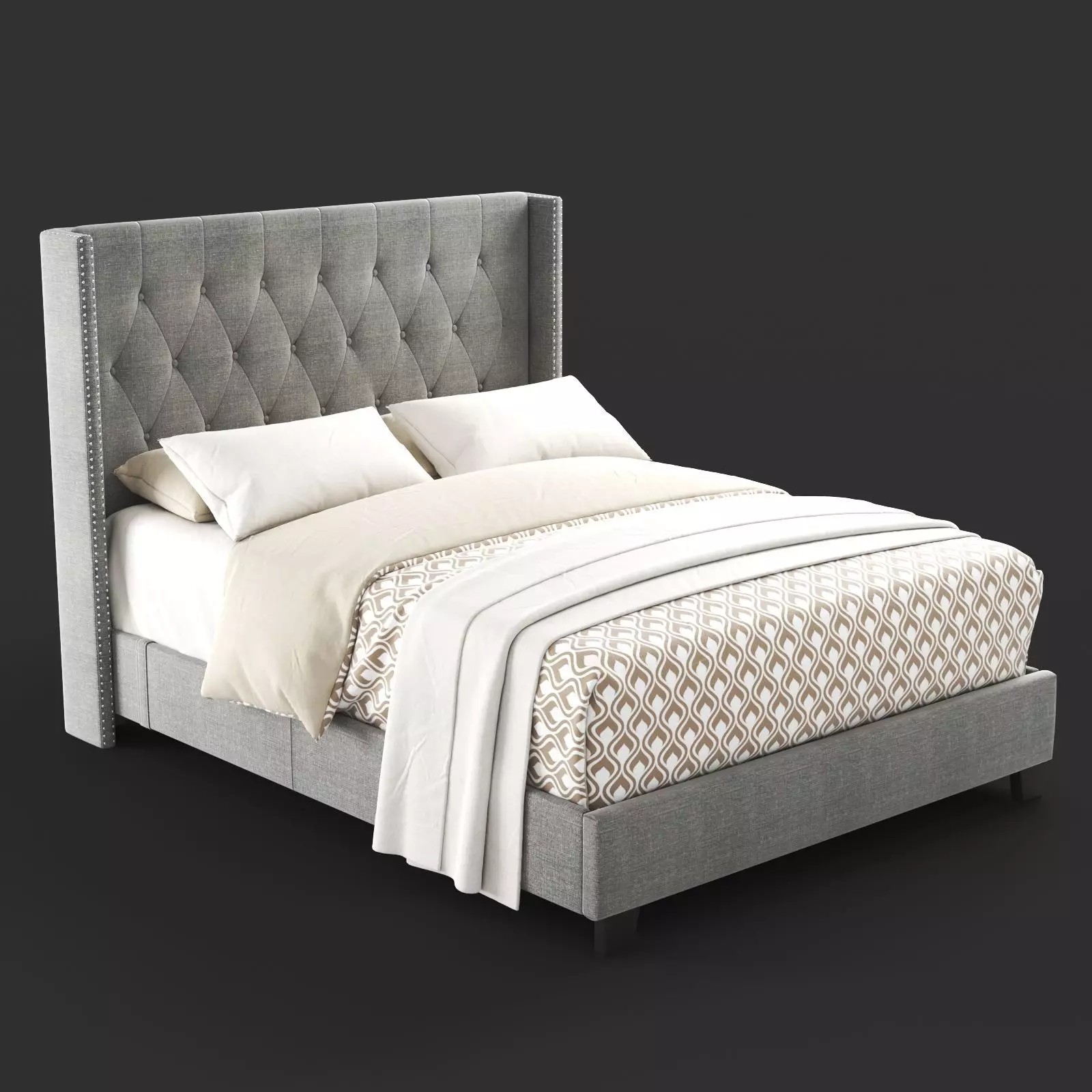 Diamond Tufted Wingback Bed in Grey 3D model