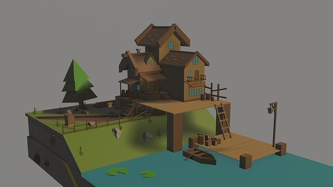 Lowpoly House on island Low-poly 3D model