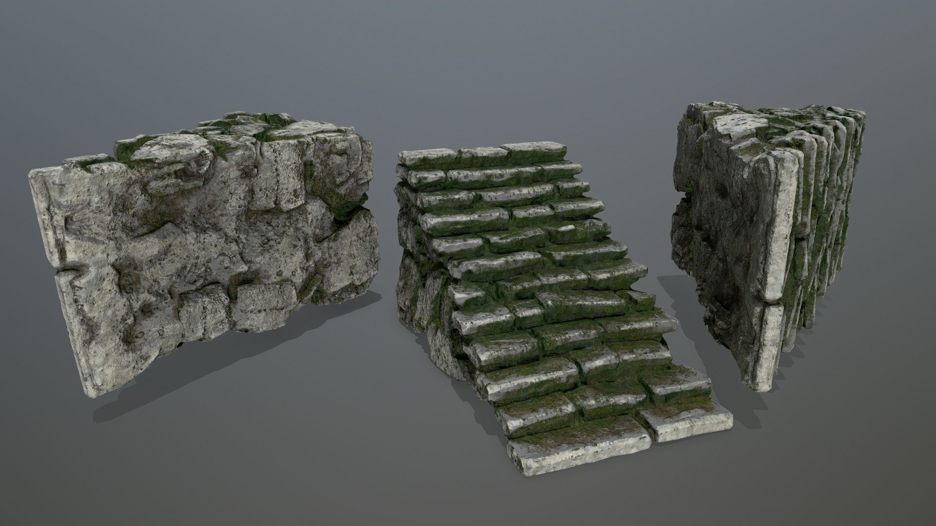 stairs stone wall with moss Low-poly 3D model_10
