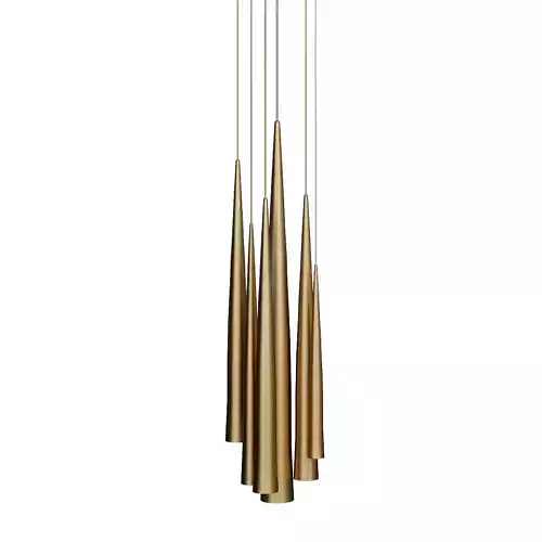 Emmemobili pendant light with five golden cones hanging from it