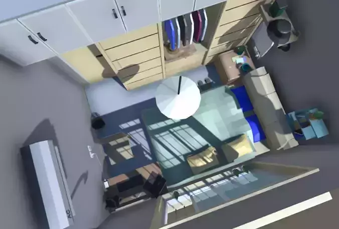 Low poly Bedroom room with closet and clothes