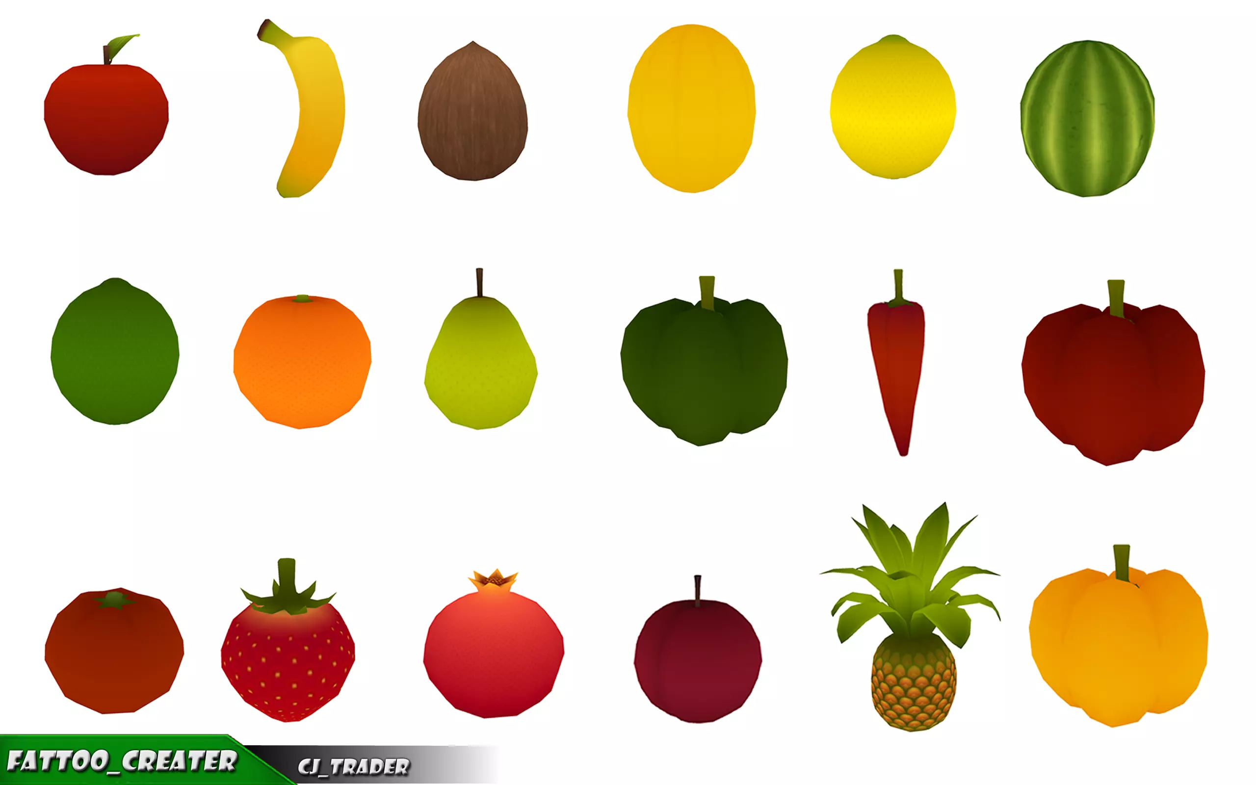 Cartoon Fruits And Vegetables Collection Pack 3d model Low-poly 3D model_0
