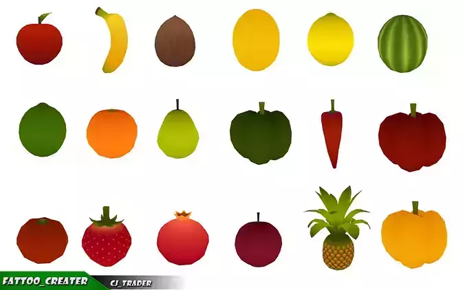 Cartoon Fruits And Vegetables Collection Pack 3d model Low-poly 3D model
