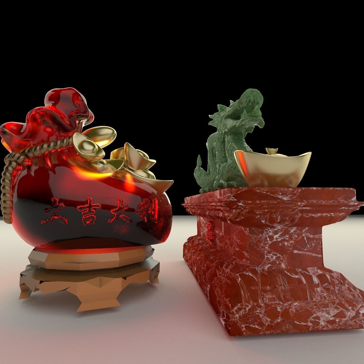 Chinese money bag with yuanbao and dragon 3D model_3