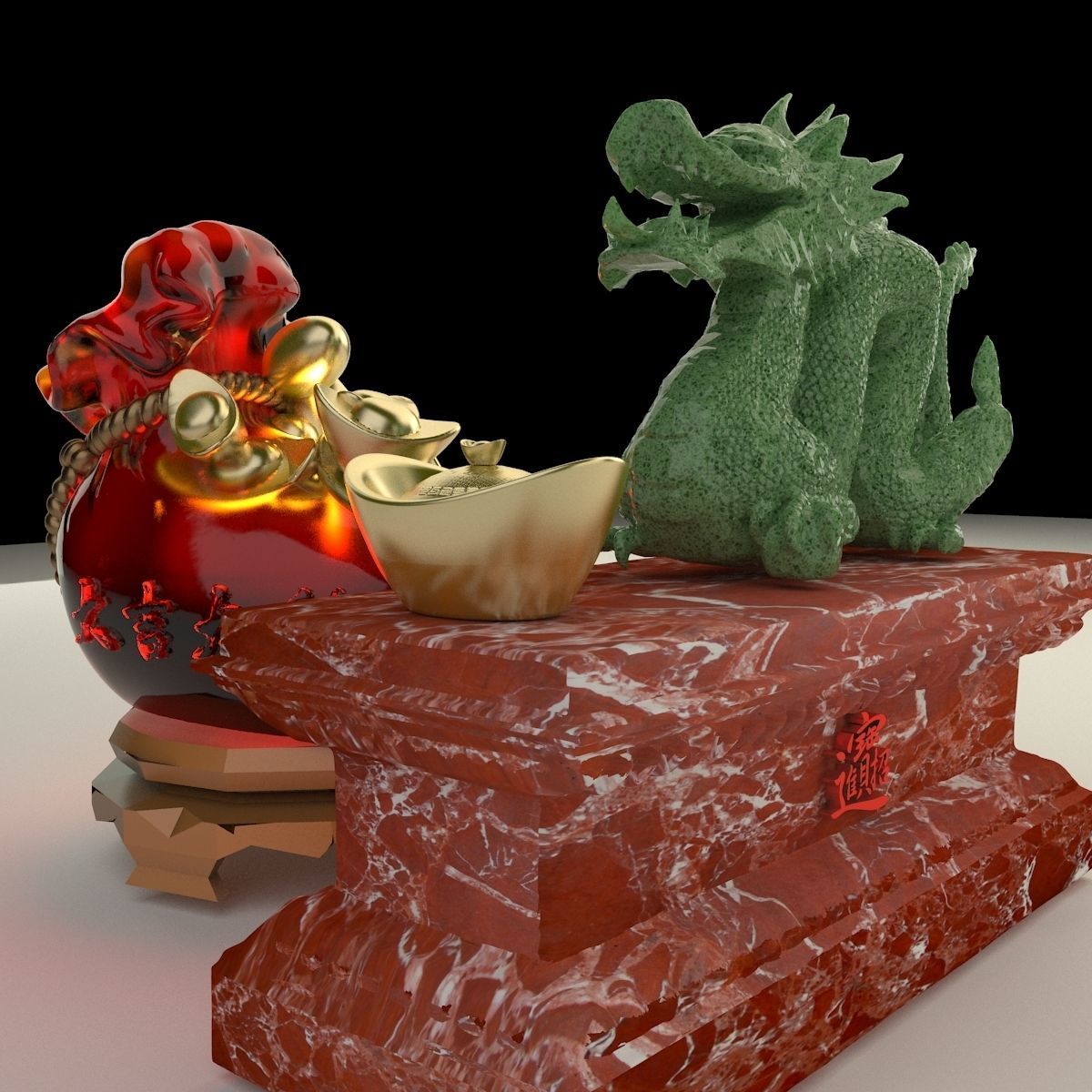 Chinese money bag with yuanbao and dragon 3D model_1
