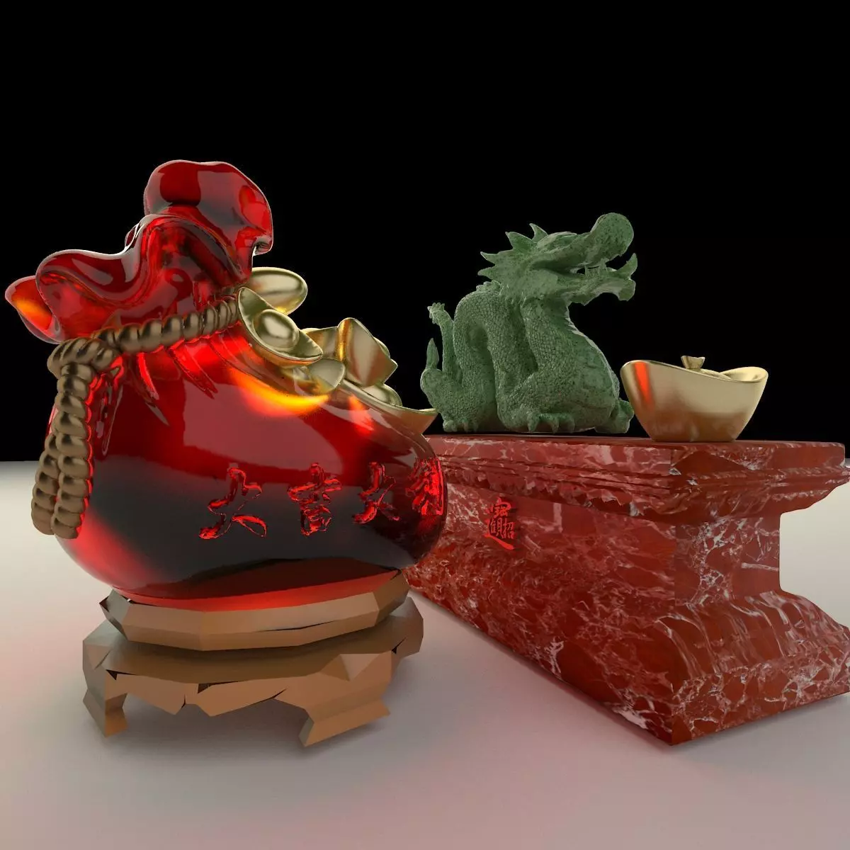 Chinese money bag with yuanbao and dragon 3D model_0