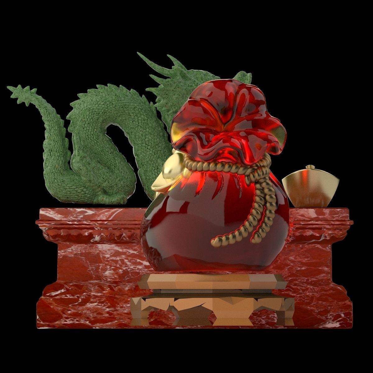 Chinese money bag with yuanbao and dragon 3D model_2