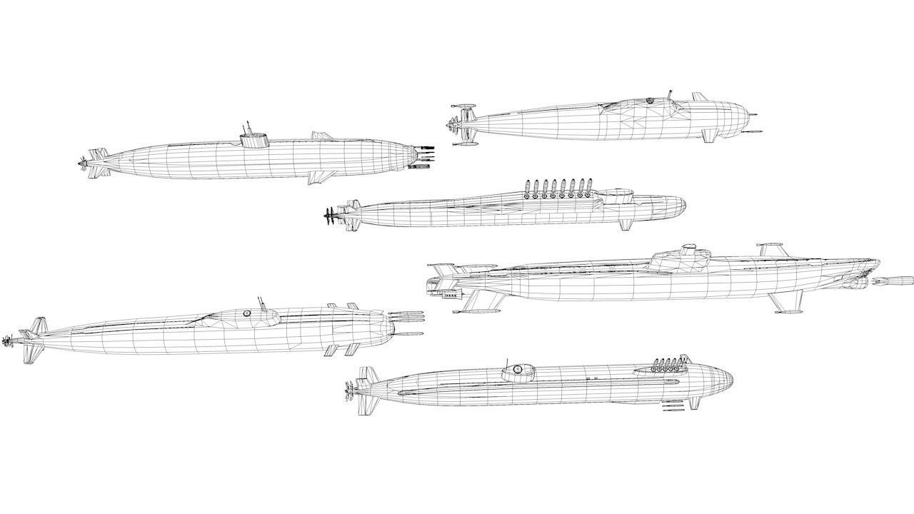 Pack Of 6 low poly game ready nuclear battle submarines  Low-poly 3D model_7