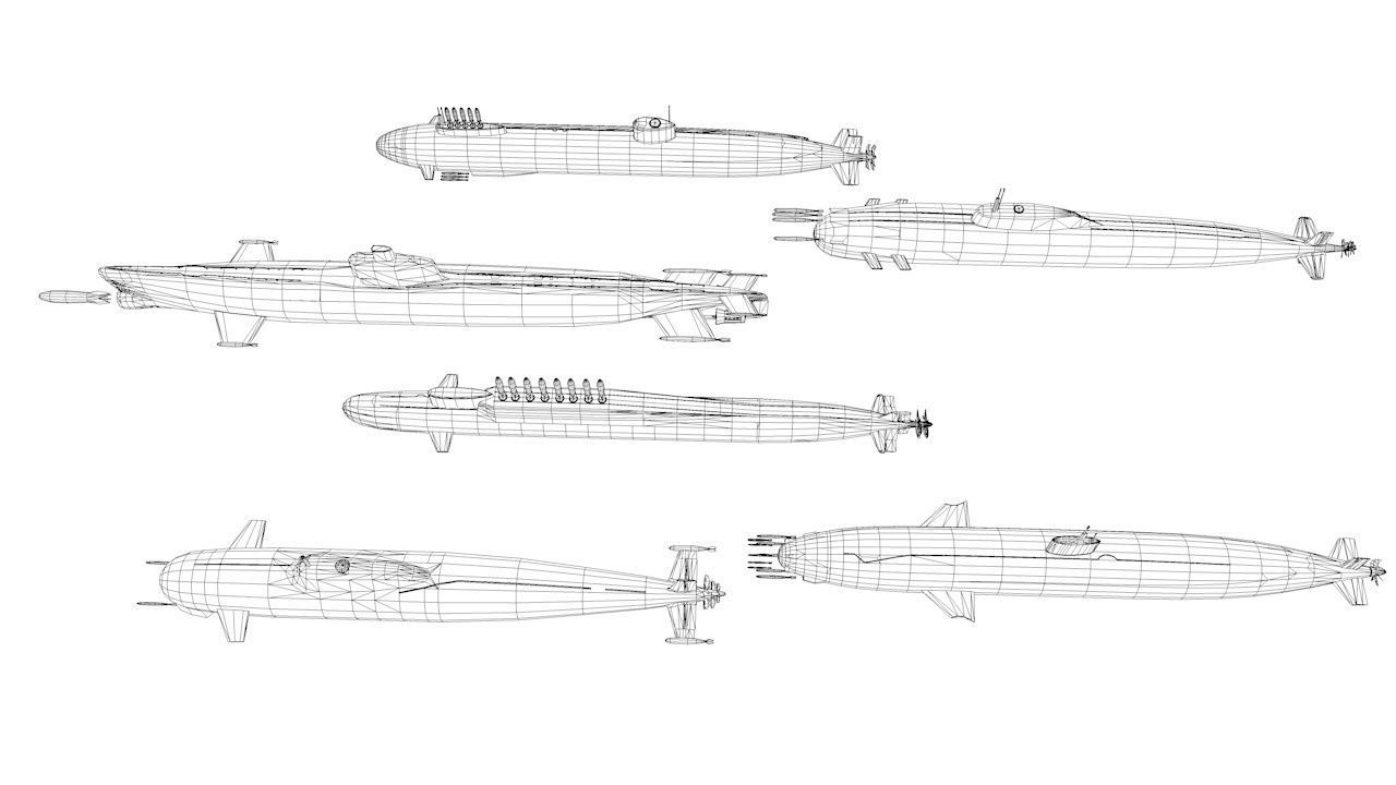Pack Of 6 low poly game ready nuclear battle submarines  Low-poly 3D model_6
