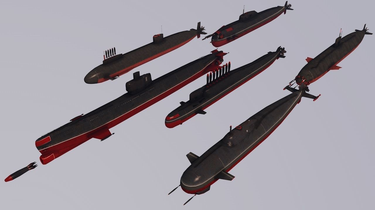 Pack Of 6 low poly game ready nuclear battle submarines  Low-poly 3D model_2