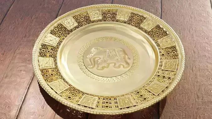 Decorative gold plate dish striped Lai Thai with asian Elephant