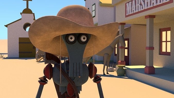 Robot cartoon character wearing cowboy hat Low-poly 3D model