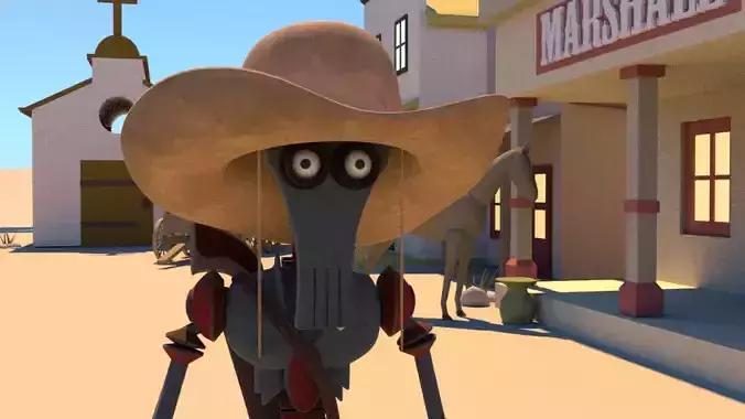 Robot cartoon character wearing cowboy hat