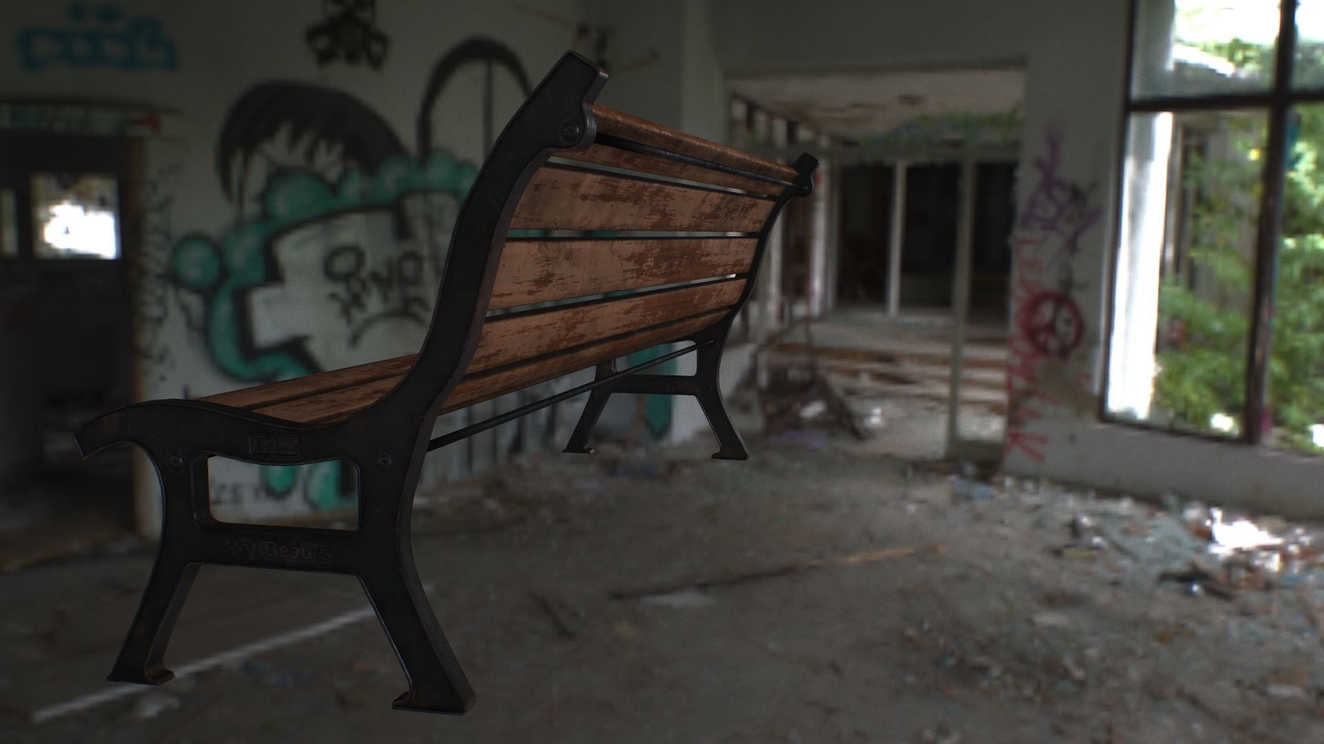 Bench skeleton on park Low-poly 3D model_8