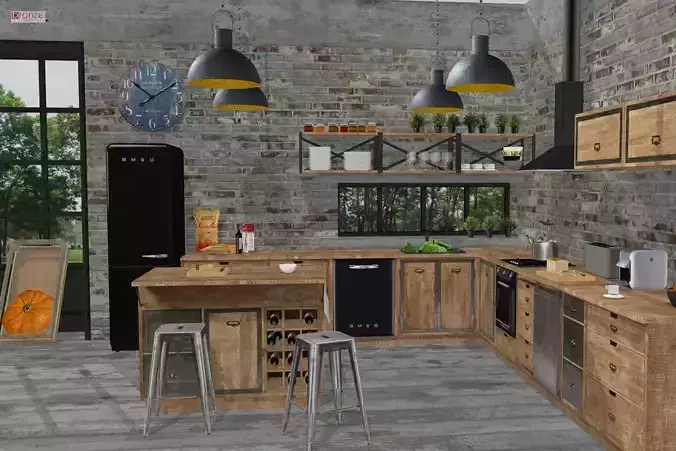 Kitchen cabinets and appliances set in industrial rustic style Low-poly 3D model