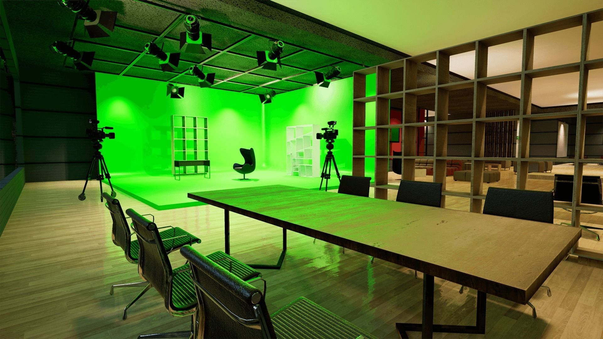 Virtual set television studio with lighting and circular table Low-poly 3D model_7