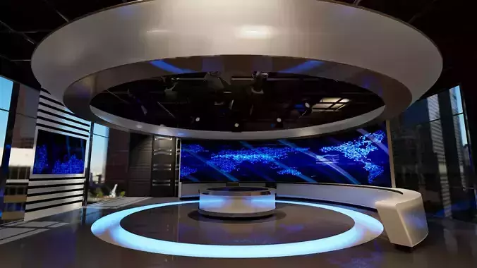 Virtual set television studio with lighting and circular table Low-poly 3D model