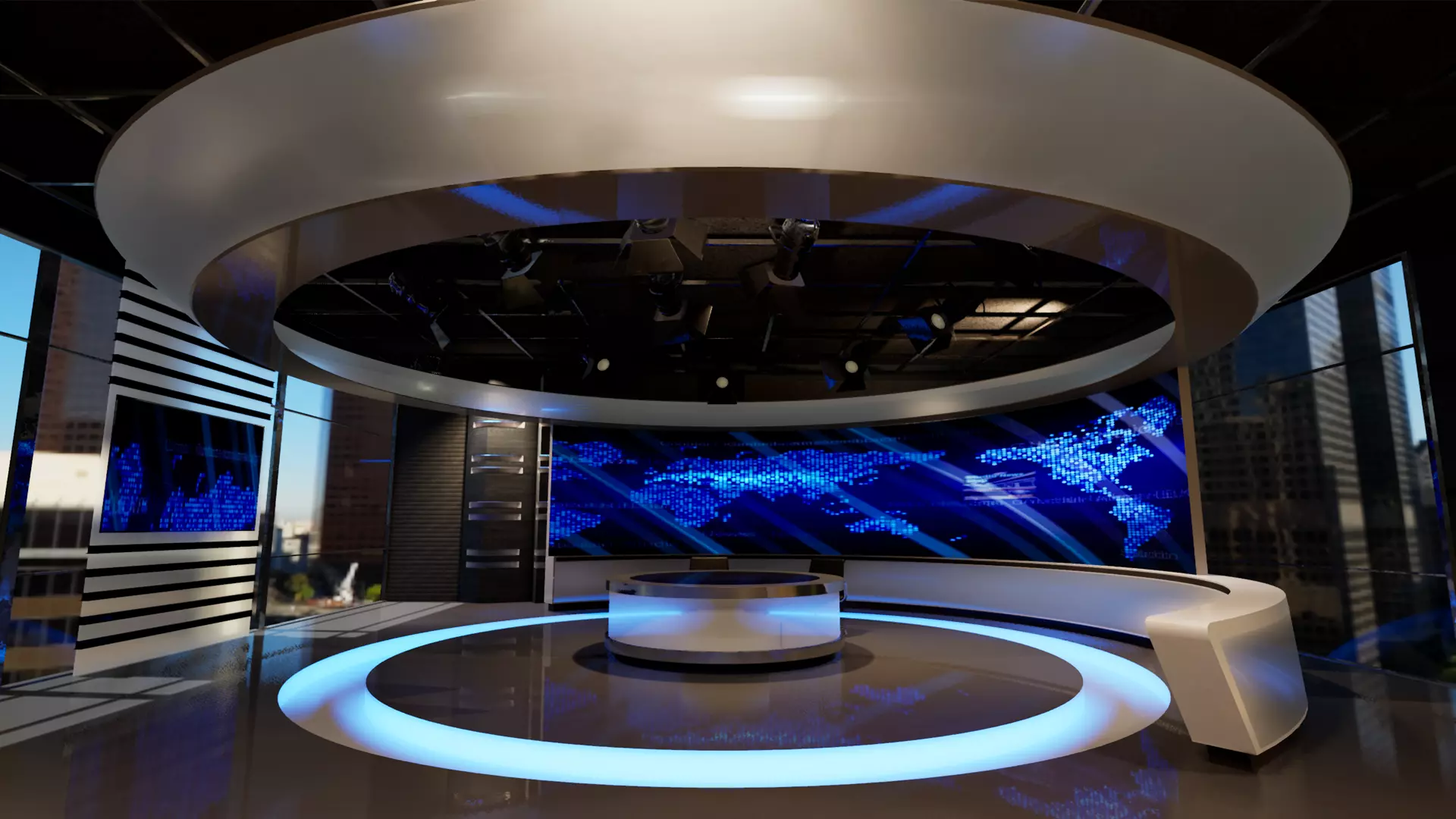 Virtual set television studio with lighting and circular table Low-poly 3D model_0